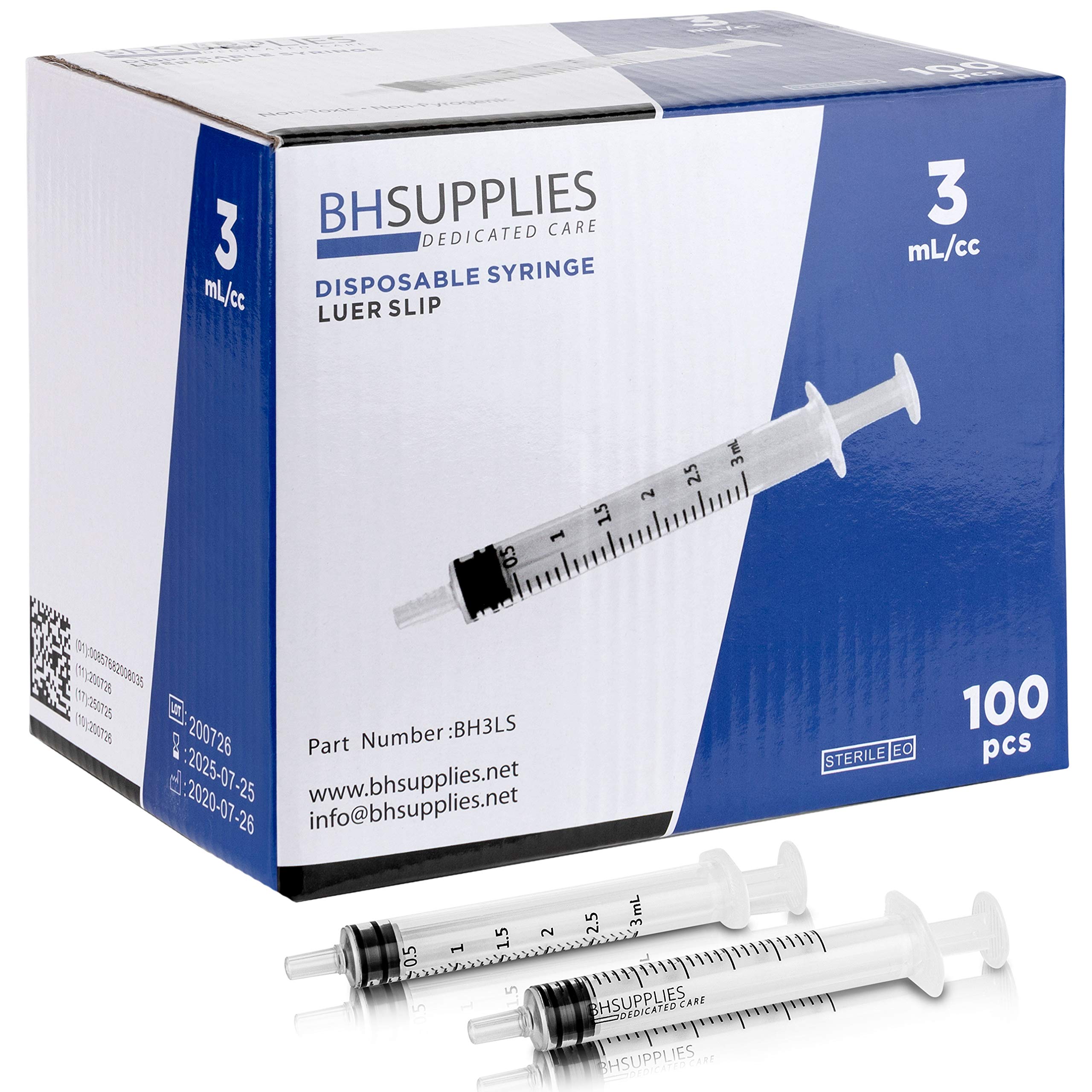 BH Supplies 3ml Luer Slip Tip Syringe - (No Needle) - Sterile, Individually Wrapped - 100 Syringes