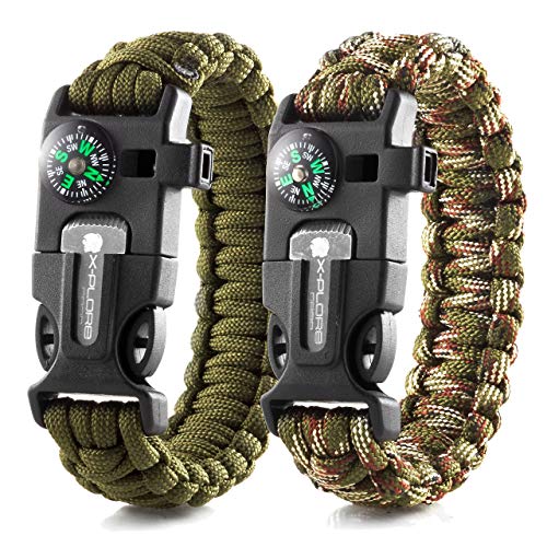 X-Plore Gear Emergency Paracord Bracelets | Set of 2| The Ultimate Tactical Survival Gear| Flint Fire Starter, Whistle, Compass & Scraper | Best Wilderness Survival-Kit for Camping/Fishing & More