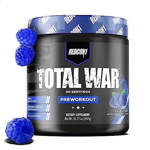 REDCON1 Total War Pre Workout Powder, Blue Raspberry - Beta Alanine + Citrulline Malate Keto Friendly Preworkout for Men & Women with 320mg of Caffeine - Fast Acting (30 Servings)
