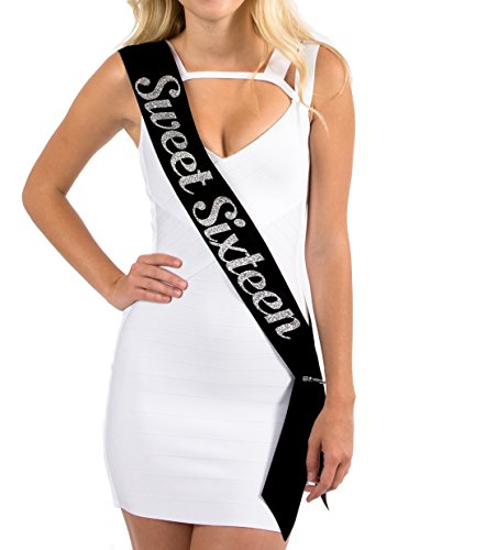 Dulcet Downtown Black Satin Birthday Sash - Sweet Sixteen - Silver Glitter Lettering - Sweet 16th Birthday Celebrations