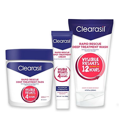 Clearisil Rapid Rescue Acne Control Kit- Deep Treatment Cleansing Pads (90 Count), Deep Treatment Wash (6.78 oz.) & Spot Treatment Cream (1 oz.) Salicylic Acid & Benzoyl Peroxide Treatment, 1 Each