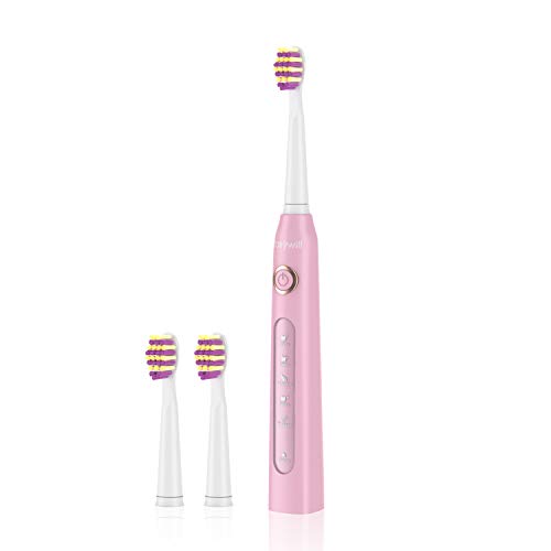 Fairywill Electric Toothbrush Clean as Dentists Rechargeable Sonic Toothbrush with Timer 4 Hours Charge Available for 30 Days Use 5 Modes for Home Use or Travel Waterproof 3 Brush Heads Pink