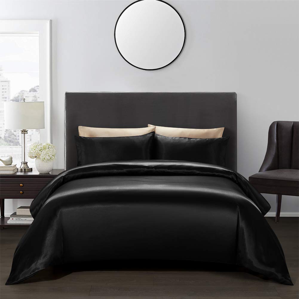 Book Cover AiMay 3 Piece Satin Duvet Cover Set Bedding Sets Queen Black 1800 Series Luxury Rich Silk Silky Super Soft Solid Color Reversible Zipper Closure Sexy Honeymoon Wrinkle Free (Queen, Black)