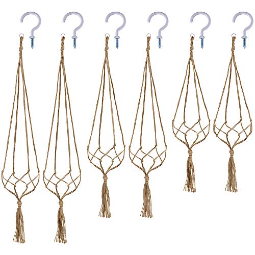 BESTTOYHOME Macrame Plant Hanger Holder -6 Pack Handmade Indoor Outdoor Hanging Planter Basket Rope Holder 3 Sizes with 6 PCS Ceiling Hooks Indoor Hanging Planter Holder