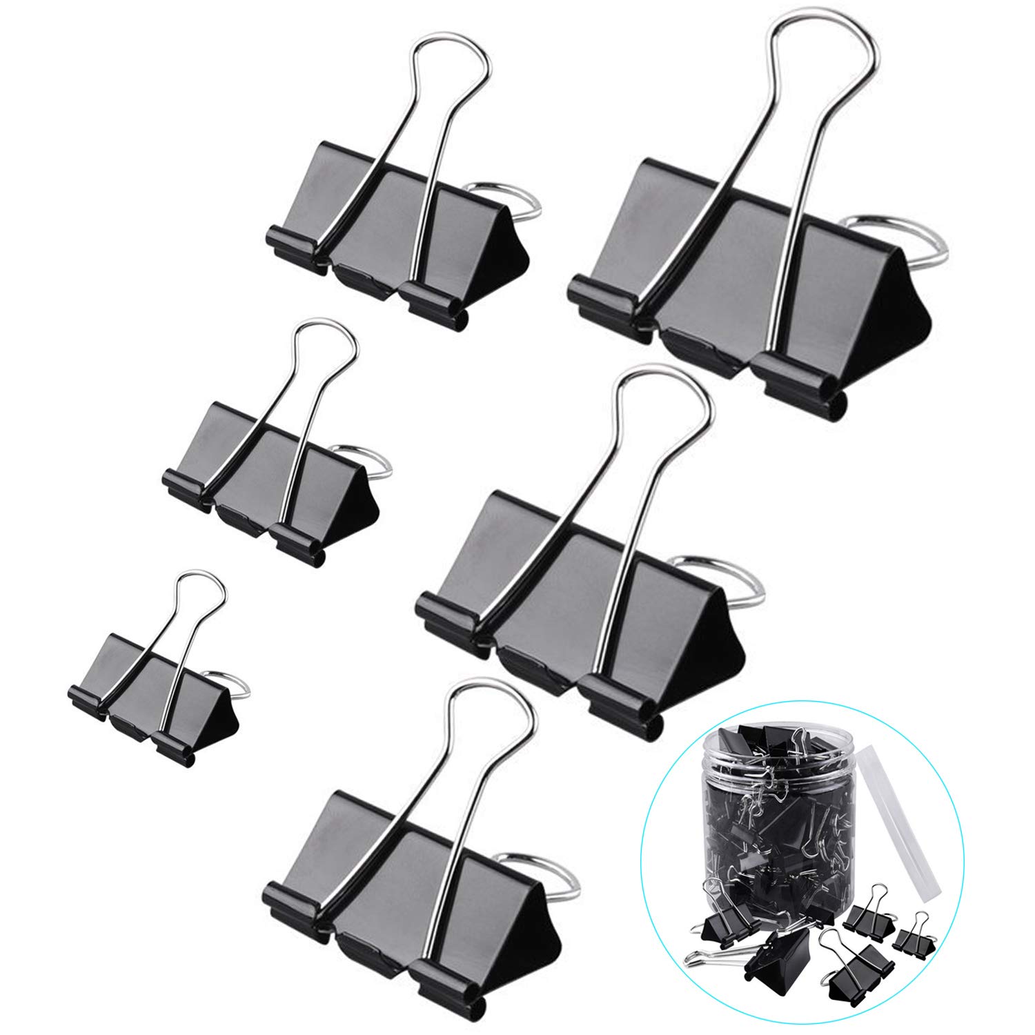 Book Cover ExcelFu 130 Pcs Binder Clips Paper Clamp Clips Paper Binder Assorted 6 Sizes, Black