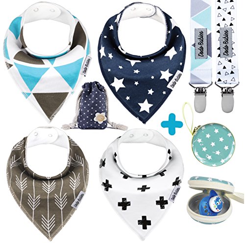 Dodo Babies Baby Bandana Drool Bib Set - 4pc Infant Bibs with 2 Pacifier Clips, Binky Case, Gift-Ready Bag - Soft Absorbent Cotton with Polyester Back - Adjustable Buttons to Fit 3-24 -Month Old Boys