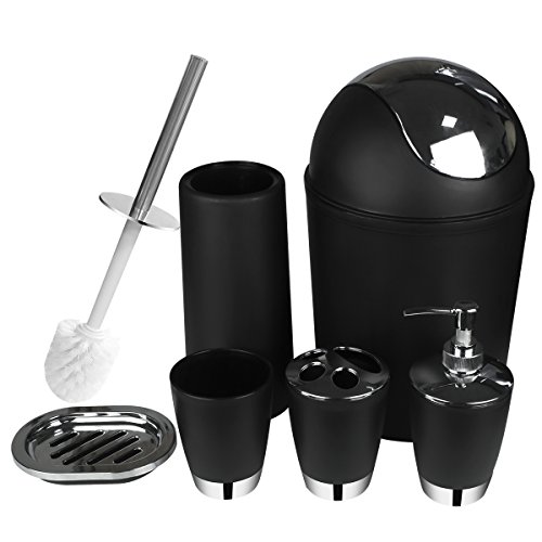 Yasolote Black Bathroom Accessories Set Bath Toilet Brush Accessories Set with Trash Can,Toothbrush Holder and Soap Dispenser Set,Soap and Lotion Set,Tumbler Cup,Soap Dish,Toilet Brush Set-6 Pcs