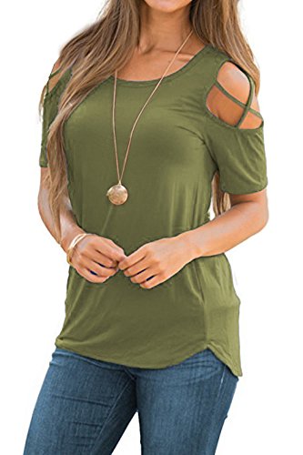 iGENJUN Women Short Sleeve Strappy Cold Shoulder T-Shirt Tops Blouses