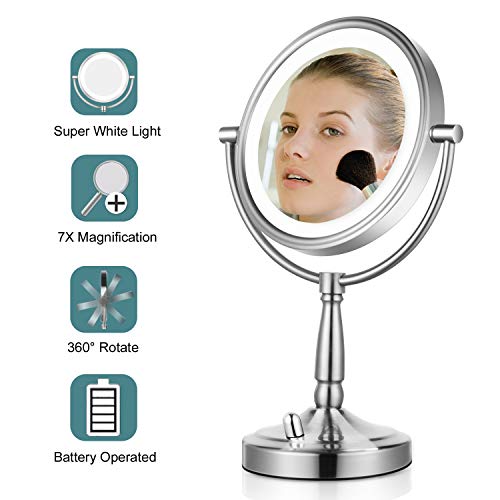 Lighted Makeup Mirror - 8'' LED Vanity Mirror 7x Magnifying Double Sided Mirror Battery Operated Nickel Finish ALHAKIN