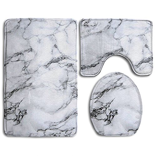 Bath Mat,3 Piece Bathroom Rug Set,White Marble Flannel Non Slip Toilet Seat Cover Set,Large Contour Mat,Lid Cover For Men/Women