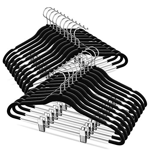TIMMY Velver Hangers with Clips (20 Pack) Hangers Non Slip Velvet Clothes Hangers,Ultra Thin Pants Hangers,Skirt Hangers with 360Â°Swivel Hooks(Black)