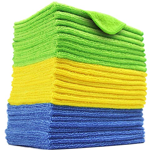 POLYTE Microfiber Cleaning Cloth, 12 x 16 in, Blue, Green, Yellow, 24 Pack