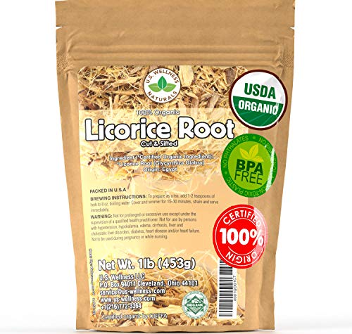 Licorice Root Tea 1LB (16Oz) 100% CERTIFIED Organic Licorice Root Cut and Sifted (Glycyrrhiza glabra ), in 1 lbs. Bulk Resealable Kraft BPA free Bags from U.S. Wellness Naturals