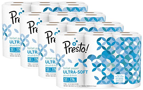 Book Cover Amazon Brand - Presto! 176-Sheet Roll Toilet Paper, Ultra-Soft, 48 Count (For Small Roll Holders),12 Count (Pack of 4)
