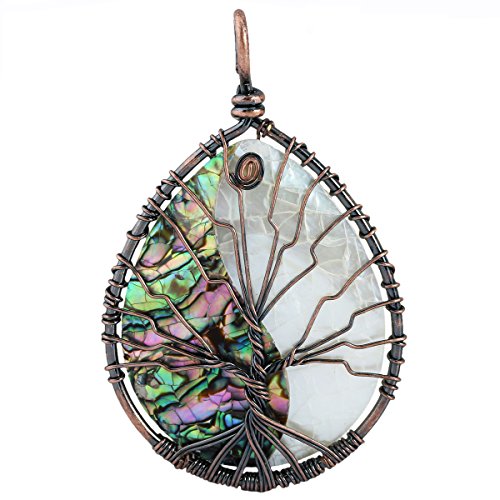 SUNYIK Abalone Shell Tree of Life Pendant,Necklaces for Women,Copper Wire Wrapped Jewelry,Assorted Shapes