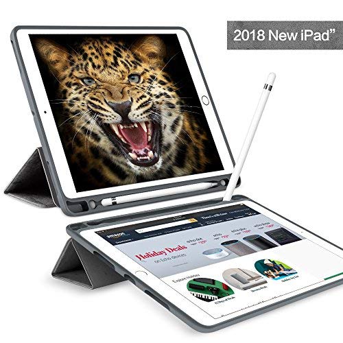 JUQITECH iPad 9.7 2018/2017 Case with Pencil Holder, Flexible Soft TPU Back Cover and Trifold Stand Smart Cover Case with Auto Sleep/Wake for iPad 6th Generation Apple iPad 9.7 Inch, Gray