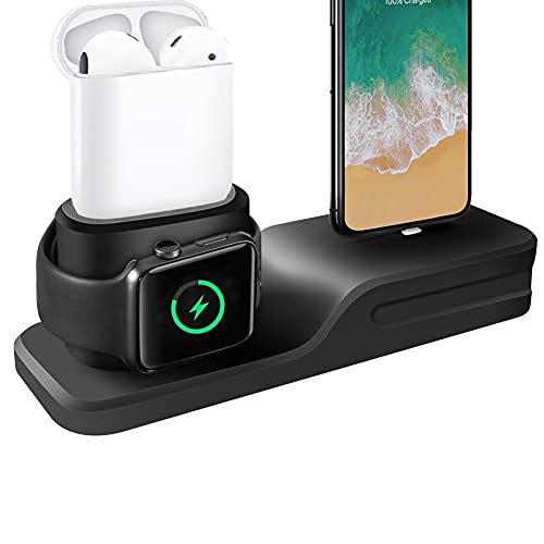 KEHANGDA 3 in 1 Charging Stand for iPhone AirPods Apple Watch Charger Dock Station Silicone,Support for Apple Watch Series 3/2/ 1/ AirPods/iPhone X/8/8 Plus/ 7/7 Plus /6s Black