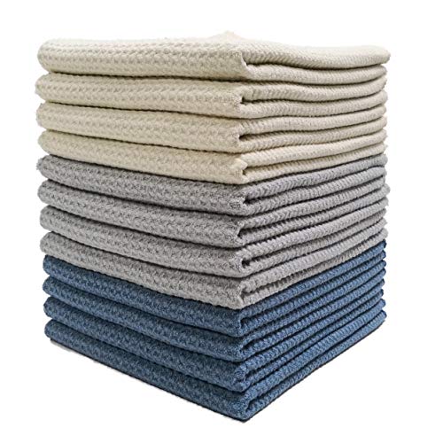 Book Cover Polyte Premium Microfiber Kitchen Dish Hand Towel Waffle Weave (Dark Blue, Gray, Off White, 16x28) 12 Pack