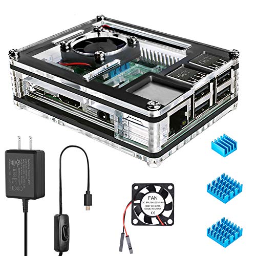Miuzei Raspberry Pi 3 B+ Case with Fan Cooling, Pi 3B Case with 3 Pcs Heat-Sinks, 5V 2.5A Power Supply for Raspberry Pi 3 B+ (B Plus), 3B, 2B