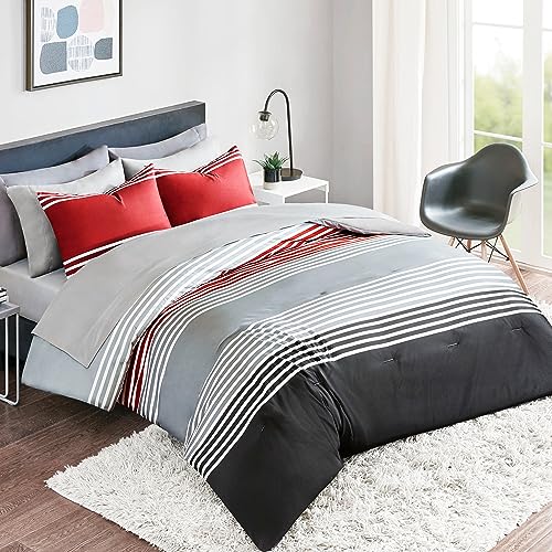 Comfort Spaces Cozy Comforter with Complete Sheet Set with Side Pocket, All Season Cover, Matching Shams, Decorative Pillow, Fabric, Colin Red/Grey, Full