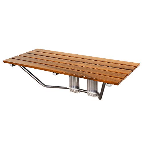 Clevr 36" ADA Compliant Foldable Double Seat Teak Wood Shower Bench, 400lb Capacity, Clear Coated for Extra Protection, Folding Wall Mount Modern Chrome, Medical Fold Up Bathroom Stool Chair