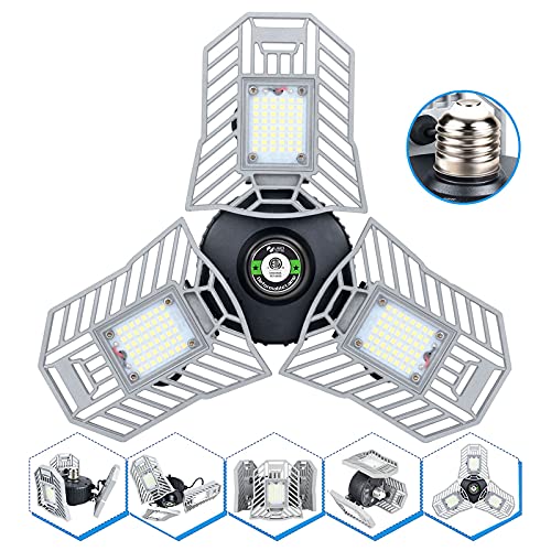 Illuminator 360 Led Garage Light 60W Garage Light 6000LM Screw in Light Bulb 3 Panels Ceiling Light Fixture Deformable LED Shop Light Bulb Led Light for Garage Basement Workshop Attic Barn