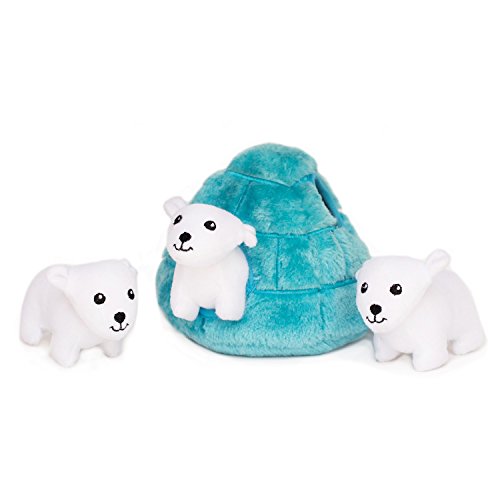 ZippyPaws Zoo Friends Burrow, Interactive Squeaky Hide and Seek Plush Dog Toy - Polar Bear Igloo