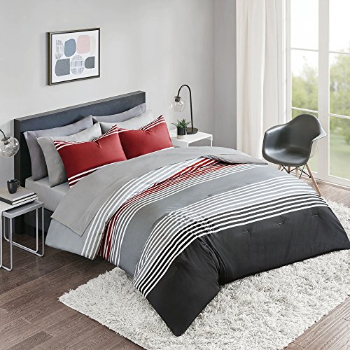 Book Cover Comfort Spaces Bed in A Bag Comforter Set - College Dorm Room Essentials, Complete Dormitory Bedroom Pack And Sheet with 2 Side Pockets, Twin, Colin Red/Grey 6 Piece