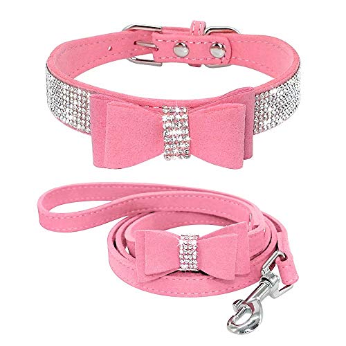 Beirui Rhinestone Bling Leather Dog Collar and Leash Set - Soft Flocking Sparkly Crystal Diamonds Studded - Cute Double Bowknot Cat Collar with 4 Foot Leash for Pet Show,Pink,Neck:6-8"