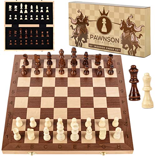 Book Cover Wooden Chess Set for Kids and Adults - 15 Staunton Chess Set - Large Folding Chess Board Game Sets - Storage for Pieces | Wood Pawns - Unique E-Book for Beginner - 2 Extra Queens