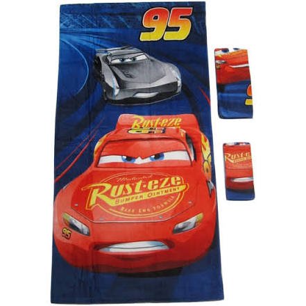 3 Pieces Pixar 100% Cotton Bath, Hand, and Fingertip Towel Sets (Cars)