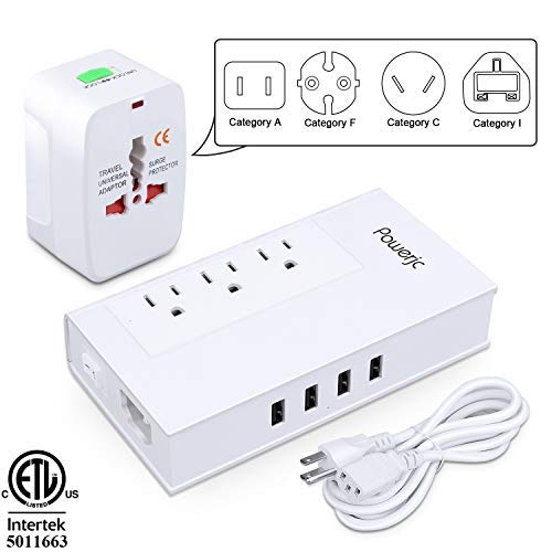 Voltage Converter UK/AU/US/EU Worldwide Plug Adapter with 3 Outlets and 4 Smart USB Charging Ports Powerjc(White)