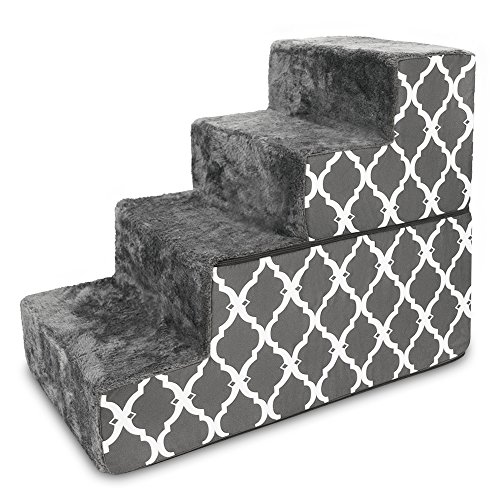 Best Pet Supplies Foldable Foam Pet Steps for Small Dogs and Cats, Portable Ramp Stairs for Couch, Sofa, and High Bed Climbing, Non-Slip Balanced Step Support, Paw Safe - Gray Lattice, 4-Step (H: 22")