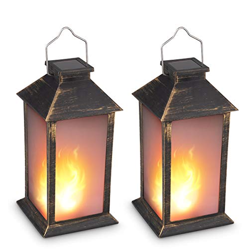 zkee 13" Vintage Style Solar Powered Candle Lantern(Metallic Coating Black,Plastic),Solar Garden Light with Vivid Fire Effect,Outdoor Solar Hanging Lantern,Decorative Candle Lanterns (Set of 2)