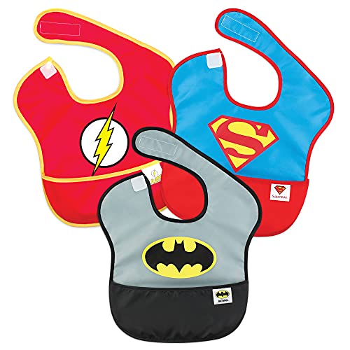 Book Cover Bumkins DC Comics, Batman, Superman, The Flash, SuperBib, Baby Bib, Waterproof, Washable, Stain and Odor Resistant, 6-24 Months (Pack of 3)