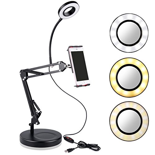 B-Land Cell Phone Holder with Selfie Ring Light for Live Stream, LED Camera LED Light with Mirror Flexible iPad Stand Holder Mobile Phone Stand for iPhone, Andriod Phone & Tablets
