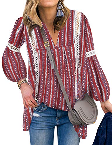 WLLW Women Bohemian Short Sleeve V Neck Floral Print Peplum Shirt Top Blouse Tee