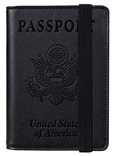 Travelambo RFID Blocking Leather Passport Holder Cover Case Travel Wallet Elastic Strap(01 Black NP Black)