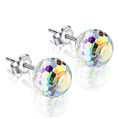 Womens Stud Earrings,LuckySuen 925 Sterling Silver 8mm Crystal Earrings,Made with Swarovski Crystals