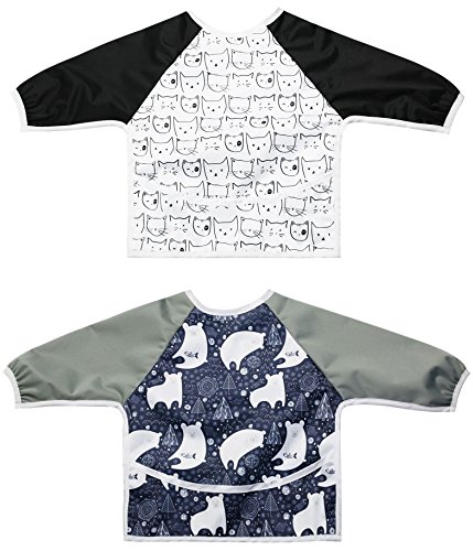 2 Pack Long Sleeved Bib Waterproof Bibs with Pocket, 6 to 24 Months Baby Girl and boy Bib (Bear & Cat)