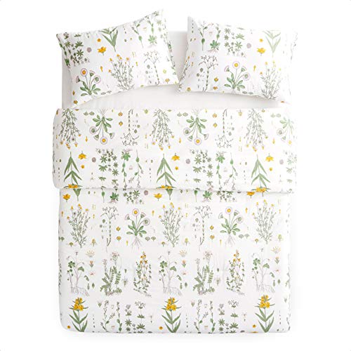 Book Cover Wake In Cloud - Botanical Comforter Set, 100% Cotton Fabric with Soft Microfiber Fill Bedding, Yellow Flowers and Green Leaves Floral Garden Pattern Printed on White (3pcs, King Size)