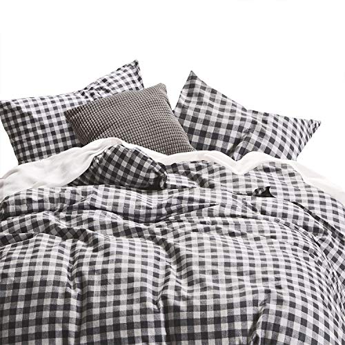 Wake In Cloud - Checker Comforter Set, Gray Grey Buffalo Check Plaid Geometric Modern Pattern Printed, 100% Cotton Fabric with Soft Microfiber Inner Fill Bedding (3pcs, Queen Size)