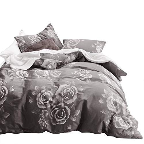 Book Cover Wake In Cloud - Floral Comforter Set, 100% Cotton Fabric with Soft Microfiber Fill Bedding, White Rose Flowers Pattern Printed on Dark Gray Grey (3pcs, Queen Size)