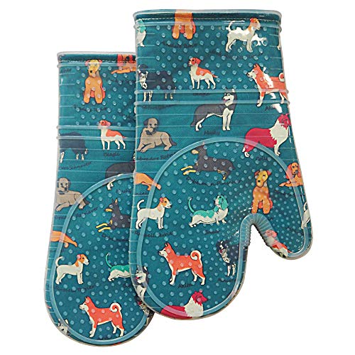 RED LMLDETA Oven Mitts Set of 2 with Transparent Clear Silicone Shell and Nice Dog Printing Cotton Lining, Heat Resistant to 500 F Kitchen Oven Gloves Pot Holder for Cooking (Blue)