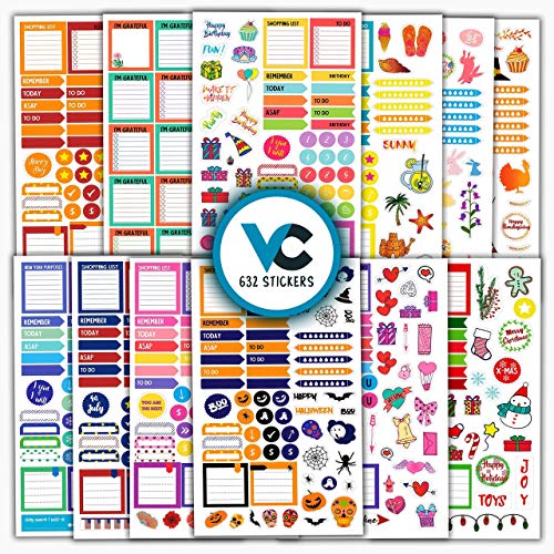 Book Cover Planner Stickers (12 Sheets / 630 pcs) Productivity, Seasonal and Decorative Stickers for Planners, Bullet Journals and Calendars - Essential Planner Accessories by Vladi Creative