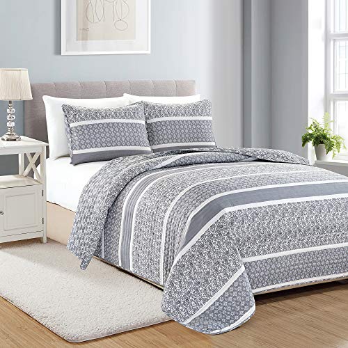 Book Cover Reversible Paisley Striped Bedspread. Full/Queen Size Quilt with 2 Shams. 3-Piece Reversible All Season Quilt Set. Grey Quilt Coverlet Bed Set. Kadi Collection.