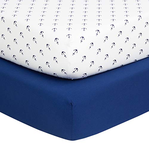 TILLYOU 2-Pack Printed Fitted Crib Sheet Set for Boys or Girls, 100% Natural Cotton Toddler Bed Mattress Sheets, Gentle to Baby’s Sensitive Skin, Standard 28”x52”8”, Navy/Nautical Anchors