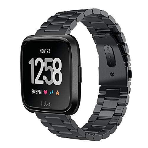 VIGOSS Metal Strap Compatible with Fitbit Versa Bands/Versa 2 Band Men Black Solid Stainless Steel Versa Special Edition Bracelet Replacement for Fitbit Versa/Lite Edition/Versa 2 Smartwatch