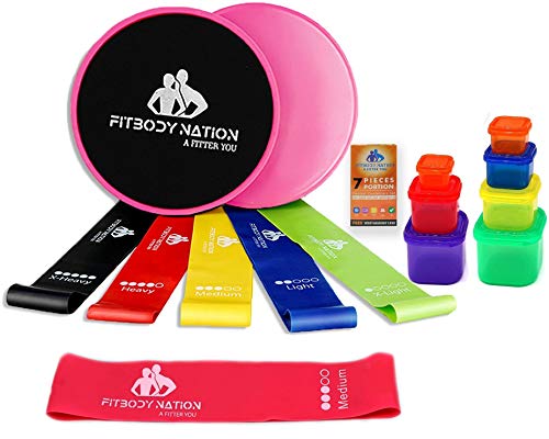 FITBODYNATION 80 Day Equipment-Resistance Bands(5), Core Sliders Fitness Discs(2) Set with 7pc Portion Control Containers for 21 Day Program, Weight Loss E-Book Guide, Online Workout Video