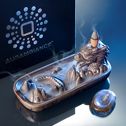 AurAmbiance Dragon Decor Premium Backflow Incense Burner Holder Gift Set with Healing Crystal